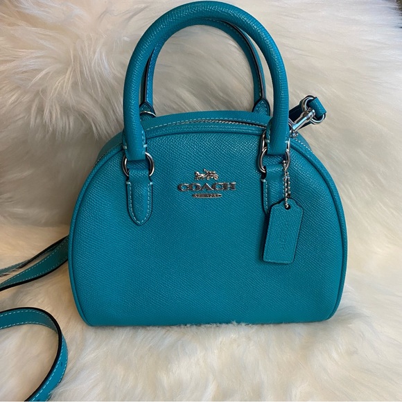COACH CA202 Sydney Satchel Crossbody Bag Crossgrain Leather Silver Teal Blue - Picture 1 of 5